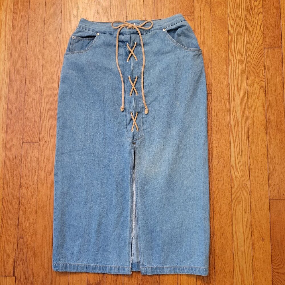 True Blue 11 12 Vintage‎ Jean Denim Skirt Pockets Front Slit Corset Lace Up Tie